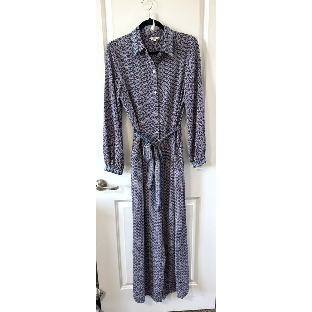 Max Studio Womens M Wide Leg Jumpsuit belted Waist Long sleeve button New